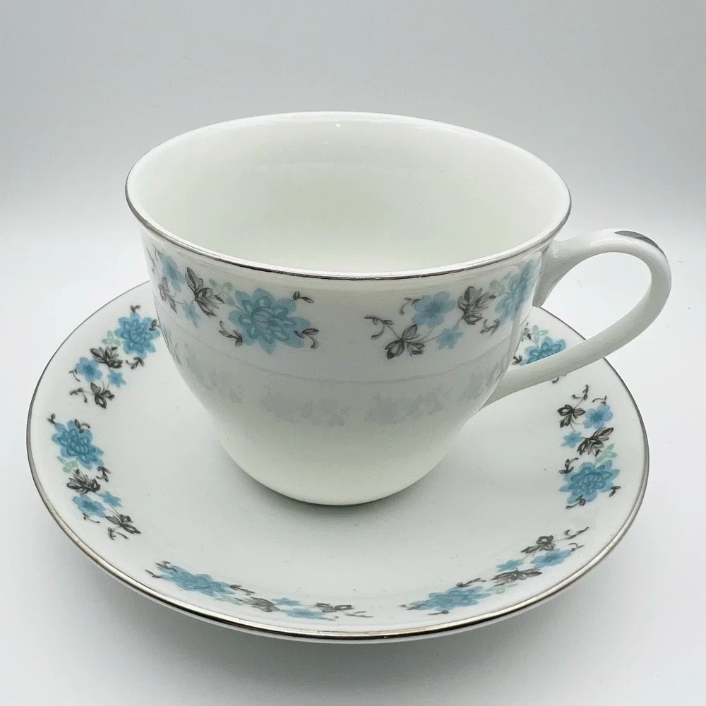 Vintage China Teacup Saucer Blue Silver Floral Porcelain Cottagecore Tea Set